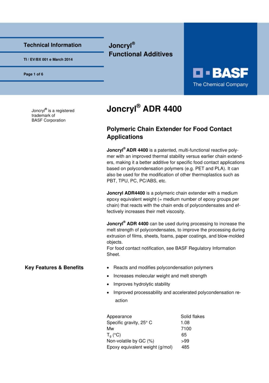 巴斯夫扩链剂 Joncryl ADR4400增强回料熔体粘度 熔体强度 扩链剂 链增长剂  